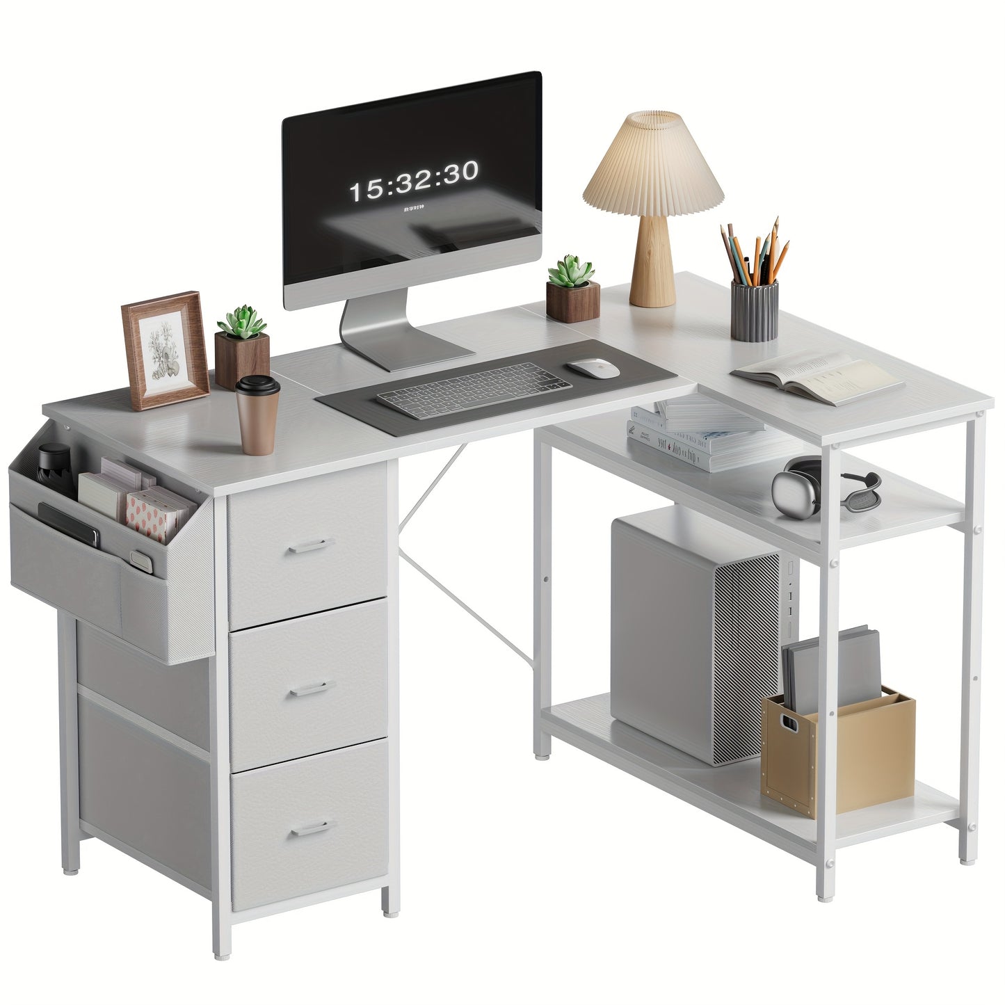 Furnishia Computertisch mit Seitentaschen, Gaming-Schreibtisch mit Schubladen & Aufbewahrungstasche, Ecktisch mit zweistöckigem Regal, Büroschreibtisch für Schlafzimmer, Schreibtisch, Arbeitsplatz