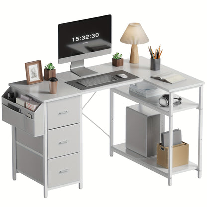 Furnishia Computertisch mit Seitentaschen, Gaming-Schreibtisch mit Schubladen & Aufbewahrungstasche, Ecktisch mit zweistöckigem Regal, Büroschreibtisch für Schlafzimmer, Schreibtisch, Arbeitsplatz