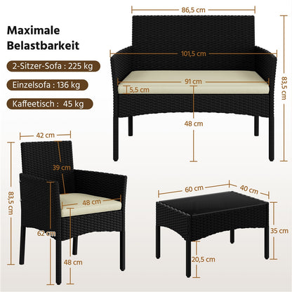 Costoffs 4-er Balkonmöbel Set Gartenmöbel Set Terassenmöbel Außen aus Polyrattan mit 2er Sofa 2 Stühle Tisch und Sitzkissen für Garten Terrasse Balkon