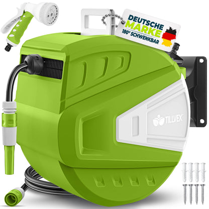 tillvex® Schlauchtrommel Wasser 20+2m mit Wandhalterung + Tragegriff | Schlauchaufroller mit Handbrause und Gartenschlauch | Wasserschlauchtrommel Automatisch 180° Schwenkbar | Wand-Schlauchbox mit Aufroll-Automatik