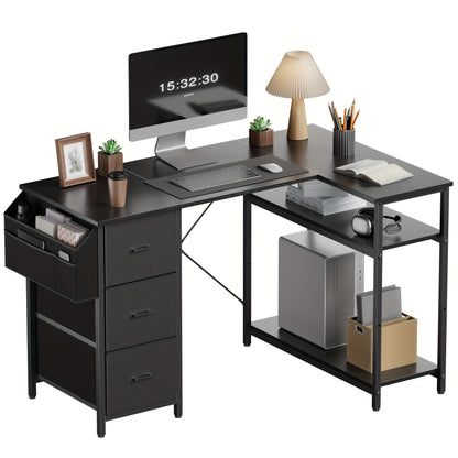 Furnishia Computertisch mit Seitentaschen, Gaming-Schreibtisch mit Schubladen & Aufbewahrungstasche, Ecktisch mit zweistöckigem Regal, Büroschreibtisch für Schlafzimmer, Schreibtisch, Arbeitsplatz