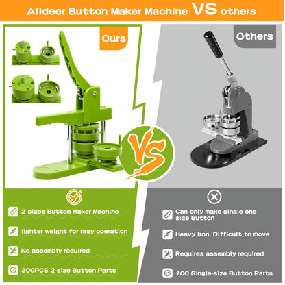 Erstelle deine eigenen Anstecknadeln mit dieser Maschine, die mit 300 Button-Teilen in verschiedenen Größen (25 mm/32 mm/58 mm) in grüner Farbe geliefert wird.