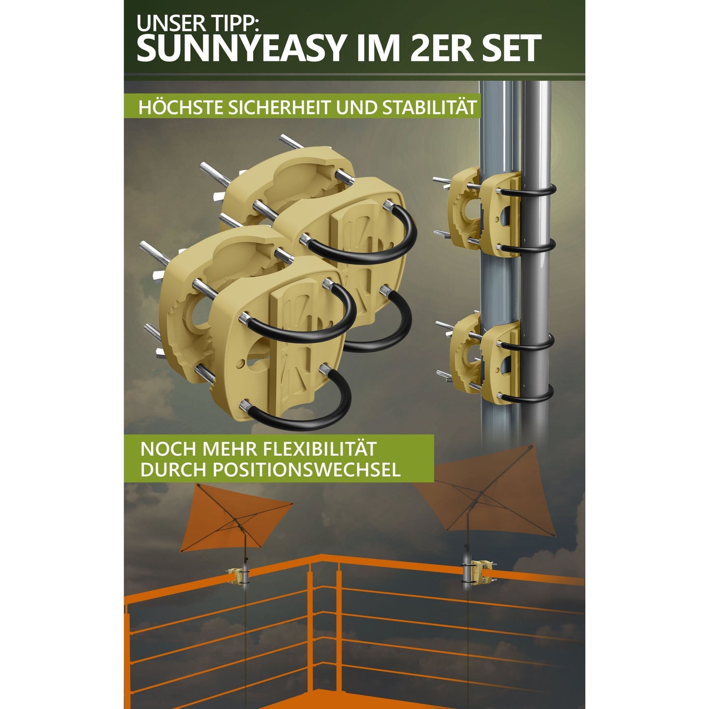 Lindenstein Sonnenschirmhalter Balkongeländer – Funktionale Sonnenschirm Halterung Balkon, Schirmhalterung Balkongeländer ersetzt Sonnenschirmständer Balkon – Flexibel montierbar (Anthrazit/Schwarz/Taupe/Sandbraun)