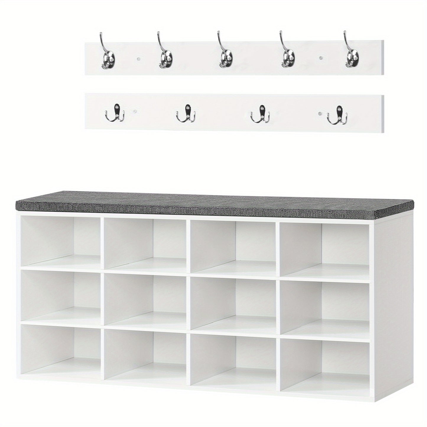 Schuhschrank Set, Schuhbank mit 12 Fächern, Schuhregal mit gepolsterter Bank, Wand-Schrank mit 9 Haken, Schuhschrank für Flur, Eingangsbereich, Schlafzimmer