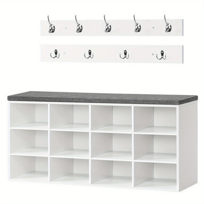 Schuhschrank Set, Schuhbank mit 12 Fächern, Schuhregal mit gepolsterter Bank, Wand-Schrank mit 9 Haken, Schuhschrank für Flur, Eingangsbereich, Schlafzimmer