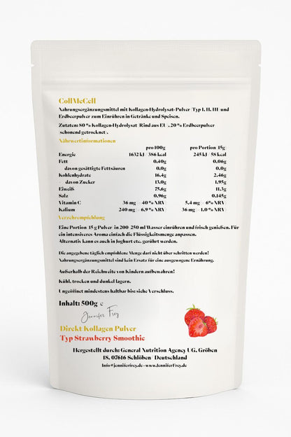 Erdbeer Kollagen Pulver 500g Premium Qualität made in Germany | 70% Kollagen & 30% Erdbeerpulver | Natürlich Süß | hochdosiert | sehr gute Löslichkeit des Kollagenpulvers. Enthält Kollagen Peptide Typ I, II, III Premium Collagen Pulver Hydrolysat