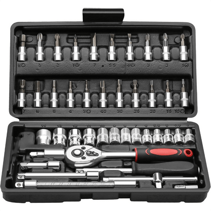 43-tlg. Ratschen-Steckschlüssel-Set, metrisch, Verlängerungsstange, für Auto-, Fahrradreparatur  Haushaltsgebrauch, plattierte Struktur, vormontiert, manuell, inklusive Aufbewahrungsbox, Werkzeugsatz