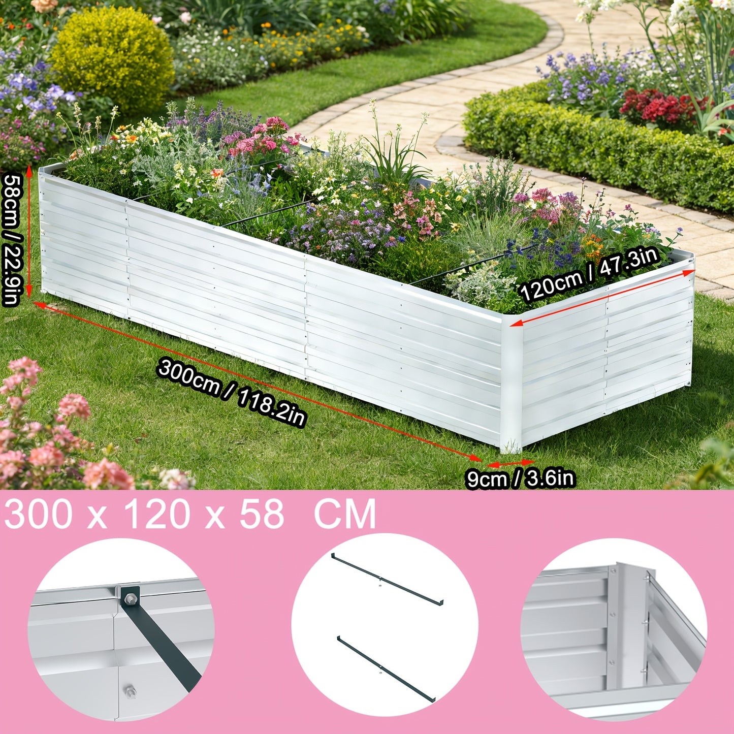 Hochbeet-Set – Pflanzkasten für Gemüse & Blumen im Freien – Rechteckiges Kräuterhochbeet für Garten, Terrasse – Grün/Schwarz/Silbrig – 4 Größen wählbar