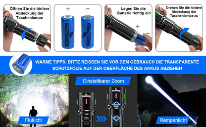 Shadowhawk Taschenlampe LED Wiederaufladbar, LED Taschenlampe Extrem Hell XHM90.2 Taschenlampen USB, 5000mAh, Starke Taktische Taschenlampe Batteriebetrieben, Super Taschenlampe für Notfälle im Freien