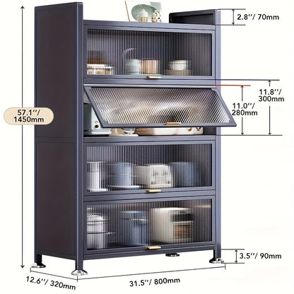 144,78 cm hoher 5-Ebenen Metall-Küchenschrank mit Acryltüren – Freistehender Schrank in Dunkelgrau mit verstellbaren Nivellierfüßen, vielseitiger Stauraum für Küche, Wohnzimmer, Esszimmer & Mikrowellenständer, robuste Konstruktion