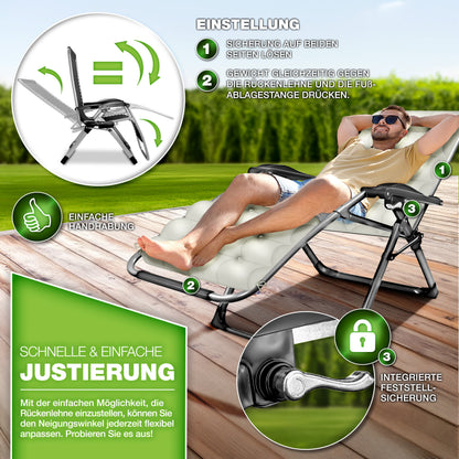 tillvex® Liegestuhl klappbar bis 200kg Sonnenliege Outdoor Gartenliege mit Kissen wetterfest Balkon, Garten & Terrasse Outdoor Liege verstellbar mit dickem Polster Relaxliege faltbar extra breit Nackenkissen Getränkehalter
