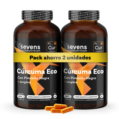 Packung 2X Kurkuma ECO mit Ingwer und Schwarzer Pfeffer - 1410 Mg pro Portion - 730 vegane Kapseln - XL Sparformat - Sevens Nutrition