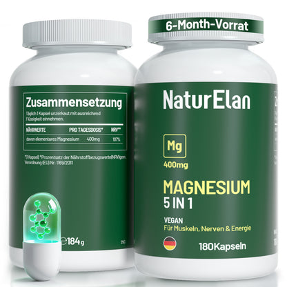 Magnesium Komplex Hochdosiert 400mg elementar - 180 Kapseln (6 Monate Vorrat) - 5-in-1 Formel: Bisglycinat, Citrat, Malat, Taurat & Oxid - Vegan & Premium Qualität