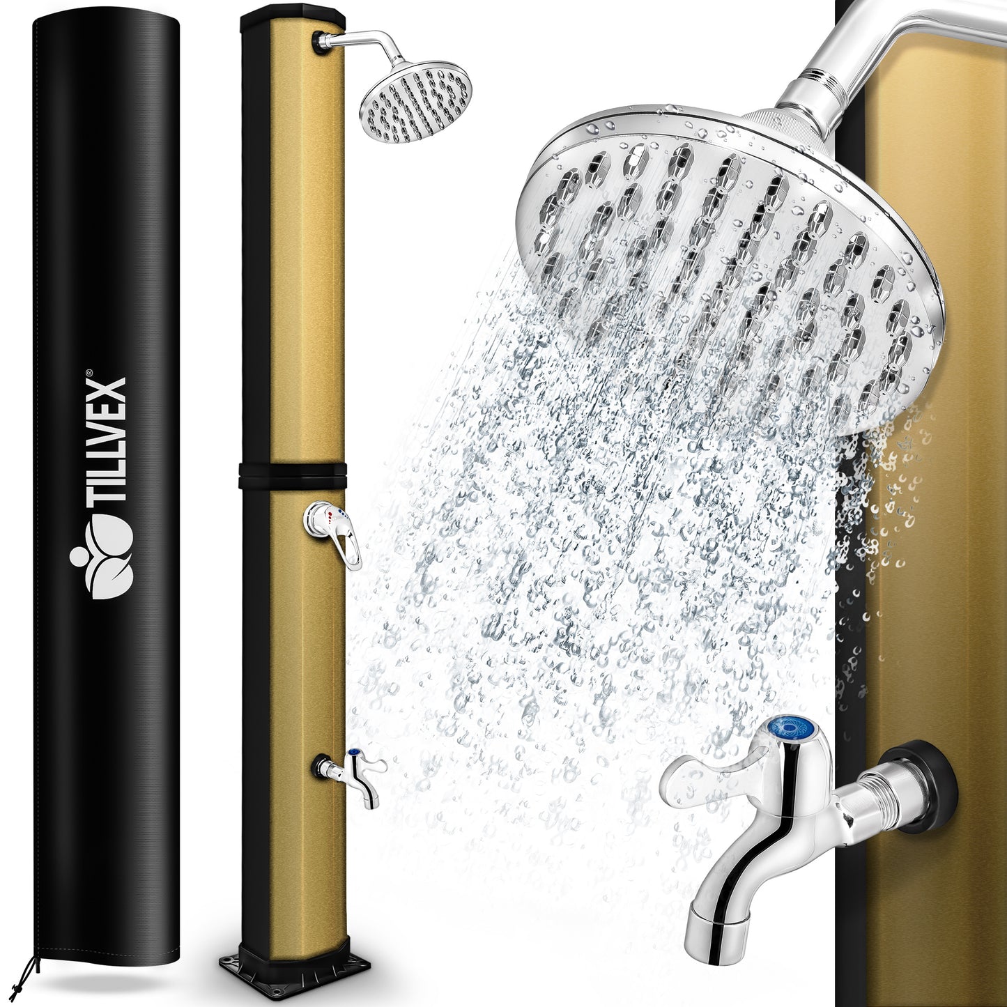 tillvex® Solardusche 20 - 60 Liter inkl. Abdeckung Solar Gartendusche Solar für draußen Pooldusche Komplettset warmes Wasser Camping ohne Stromanschluss mit Wasserhahn Gartenschlauch-Anschluss