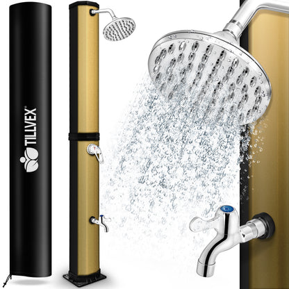 tillvex® Solardusche 20 - 60 Liter inkl. Abdeckung Solar Gartendusche Solar für draußen Pooldusche Komplettset warmes Wasser Camping ohne Stromanschluss mit Wasserhahn Gartenschlauch-Anschluss