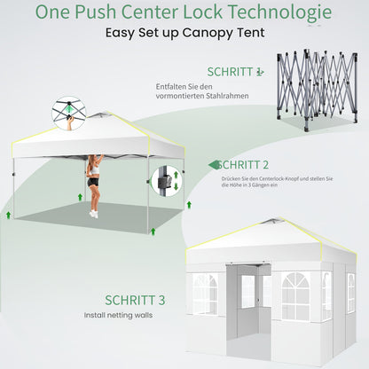 3x3m Ein-Person-Pop-Up-Markise mit 4 abnehmbaren Seitenwänden, 3 verstellbaren Höhen, Belüftungsöffnungen  reflektierenden Streifen, robust  langlebig, inklusive Tragetasche, kommerzielles Partyzelt für Veranstaltungen, Outdoor-Stände