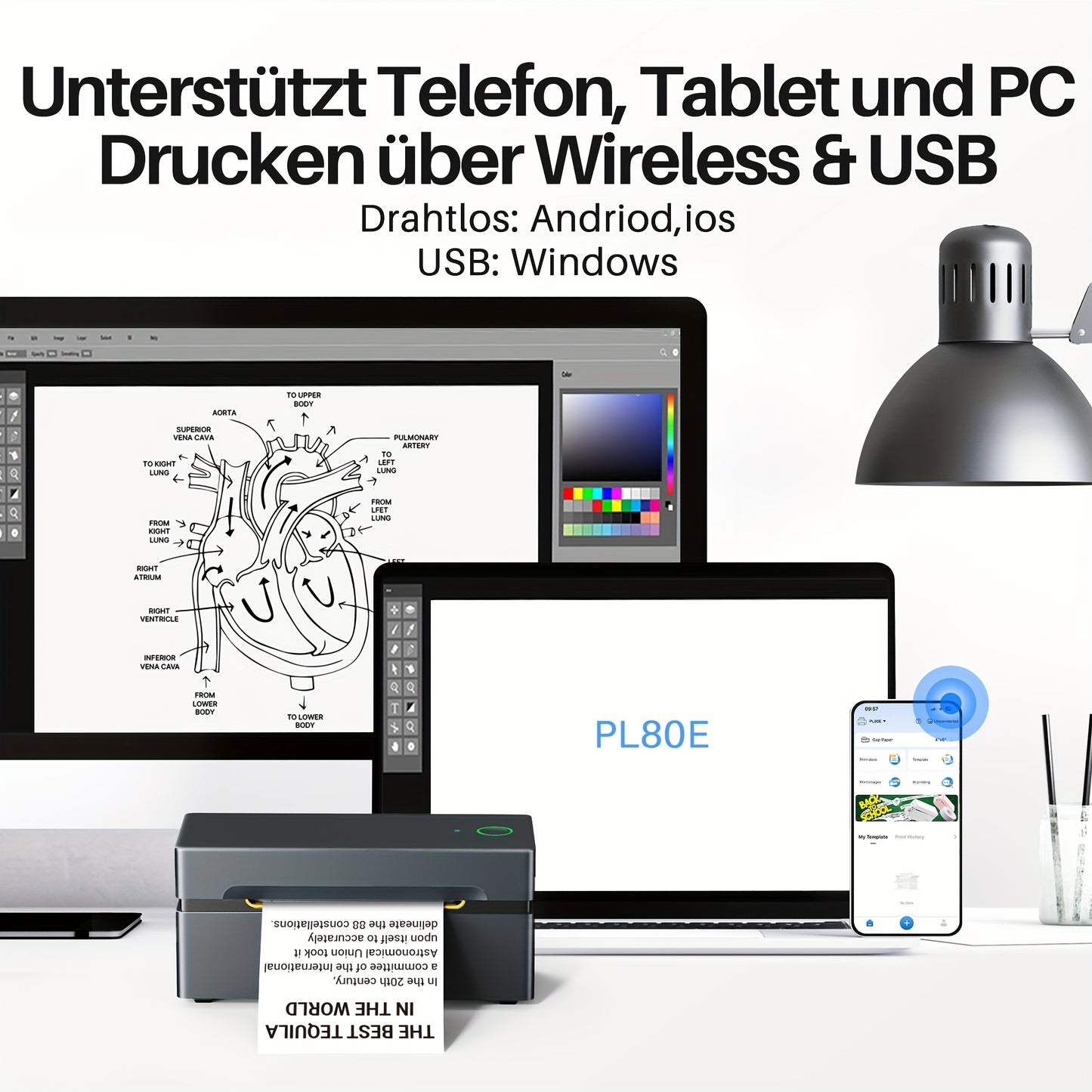 PL80EB Versandetikettendrucker - Tintenloser und tragbarer 10,16 x 15,24 cm Thermodrucker für kleine Unternehmen, Logistik und den Heimgebrauch, kompatibel mit Mobiltelefonen und Computern