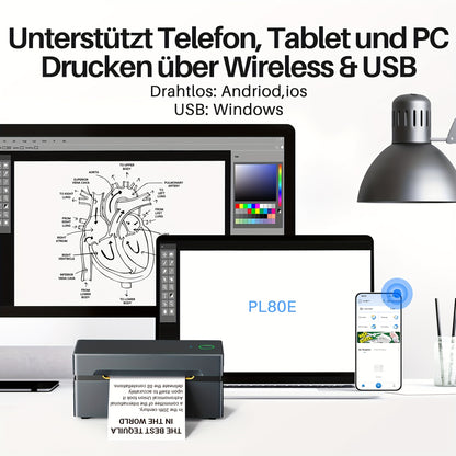 PL80EB Versandetikettendrucker - Tintenloser und tragbarer 10,16 x 15,24 cm Thermodrucker für kleine Unternehmen, Logistik und den Heimgebrauch, kompatibel mit Mobiltelefonen und Computern