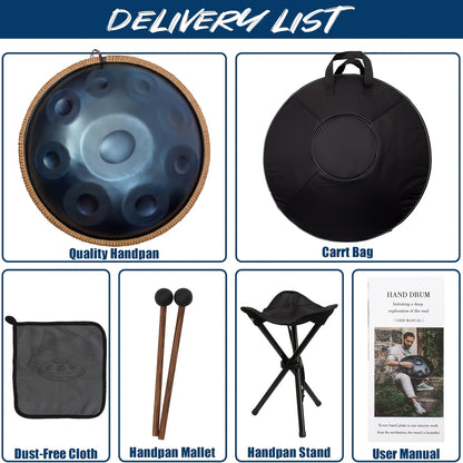 9-Ton Handpan Trommel, 18 Zoll / 45,7 cm, G-Moll Stahl Trommel, Inklusive Softbag, Ideal für Klangheilung, Meditation und Yoga, Blaue Farbe