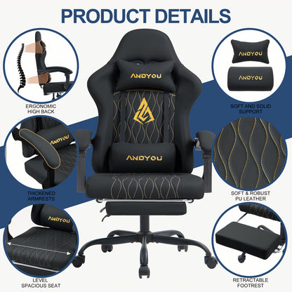 Andyou Gaming-Stuhl mit Fußhocker, ergonomisch gestaltet, aus langlebigem PU-Leder gefertigt
