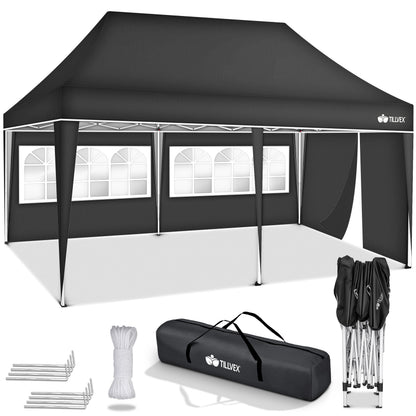 tillvex® Pavillon 3x6m Faltbar + 6x Sandsäcke | Pop-Up Faltpavillon Höhenverstellbar, Winterfest | Gartenzelt Stabil mit und ohne Seitenwänden UV Schutz 50+ | Partyzelt Wasserdicht mit Tasche für Garten