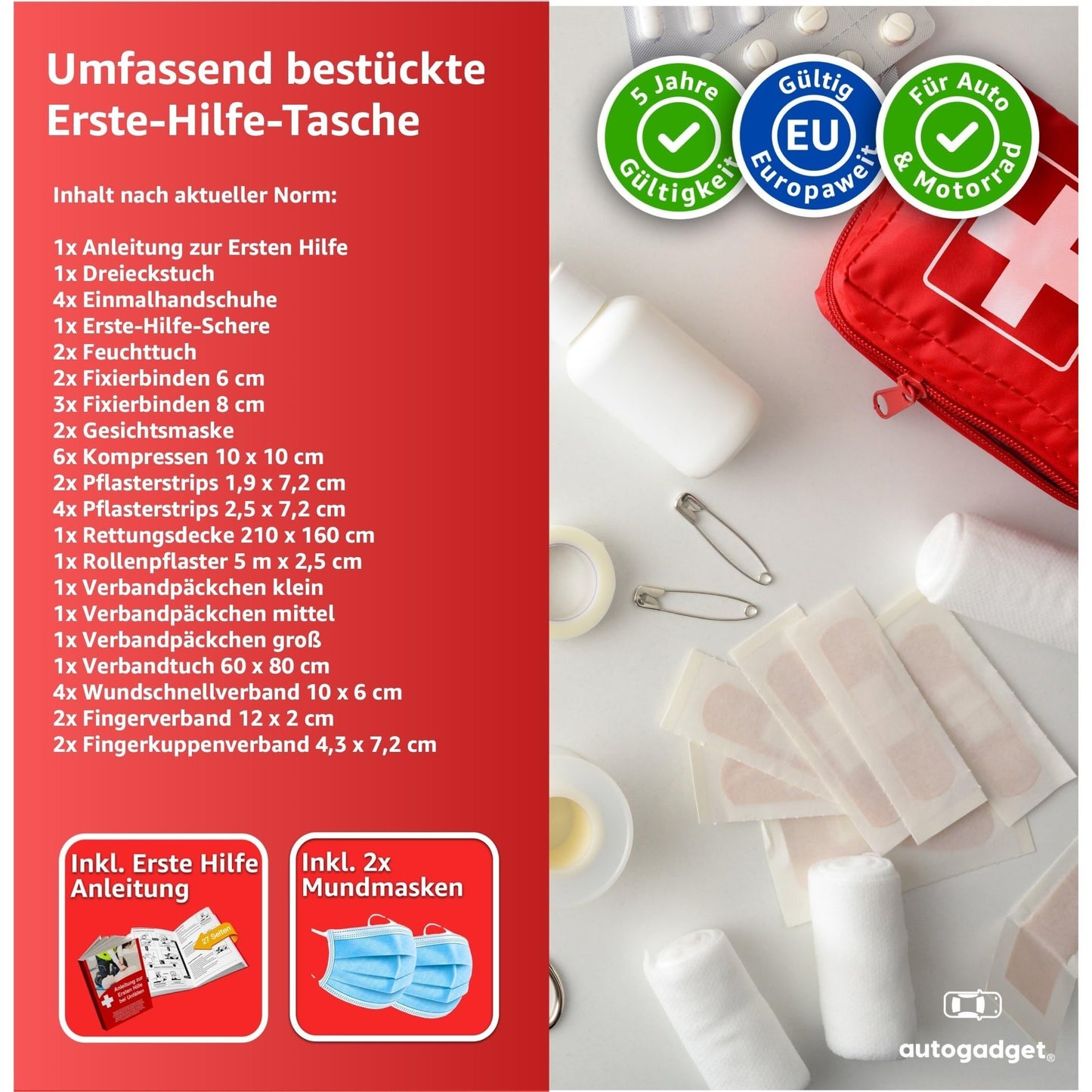 TK KFZ-Verbandtasche Auto Verbandskasten Erste Hilfe Verbandstasche - Norm 2024 - DIN 13164, inkl. Anleitungsbuch