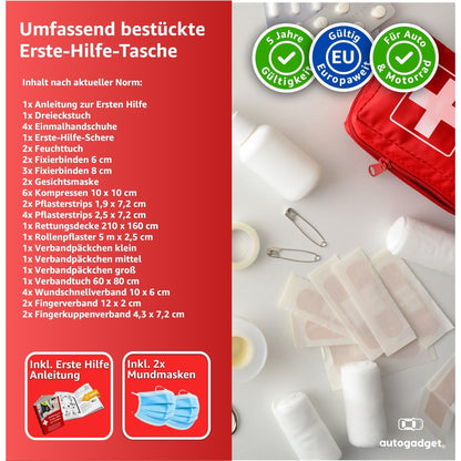 TK KFZ-Verbandtasche Auto Verbandskasten Erste Hilfe Verbandstasche - Norm 2024 - DIN 13164, inkl. Anleitungsbuch
