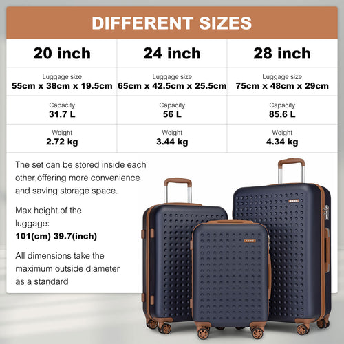 2/4-teiliges 24-Zoll 28-Zoll Gepäckset, blauer Polka Dot ABS+PC Hartschalen-Koffer mit TSA-Schloss, Reise Camping Schulanfang Geschenk