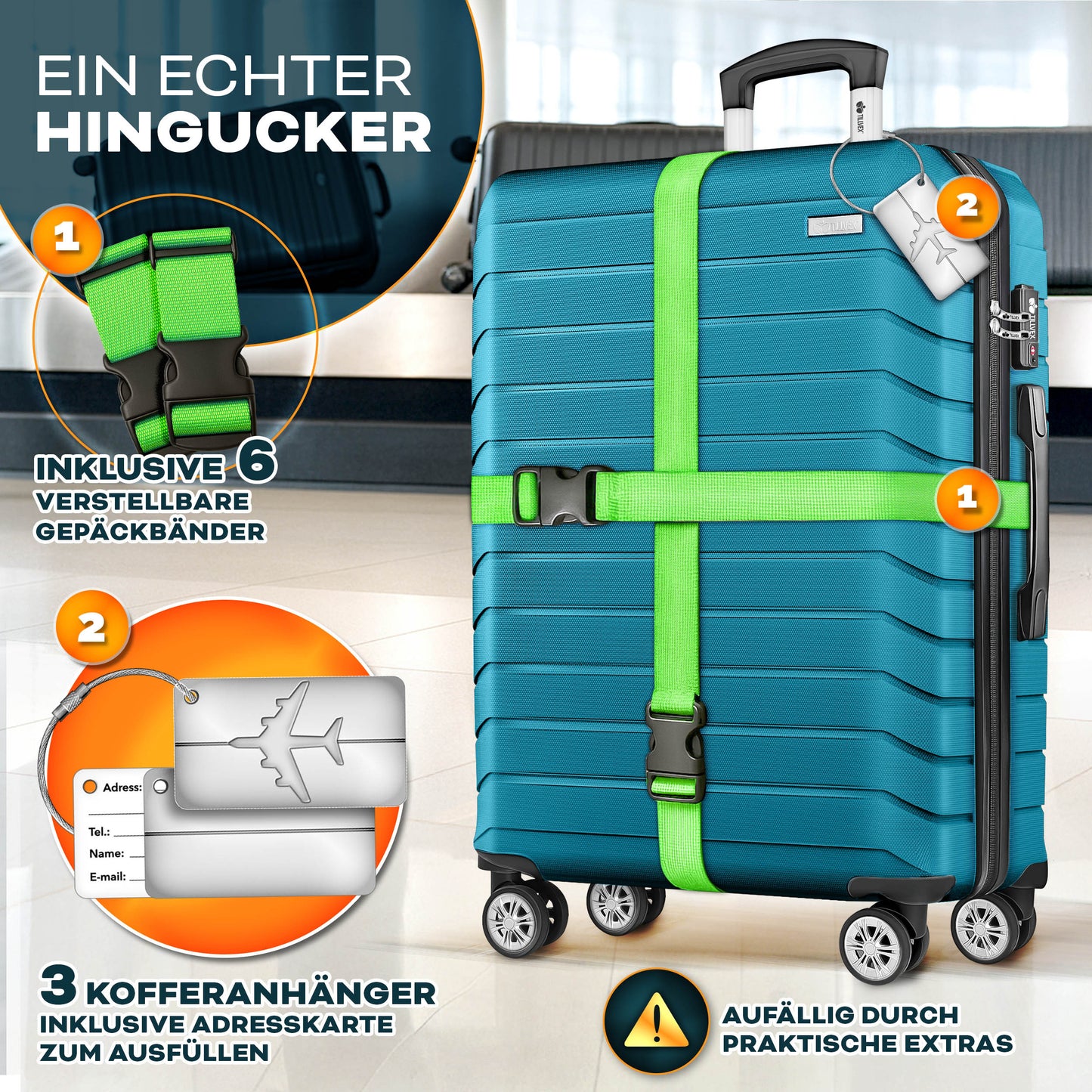 tillvex® Reisekoffer Set + Gepäckwaage, Koffergurte & Kofferanhänger | Kofferset 4 Rollen | Trolley Gepäck Koffer TSA Schloss | Hartschalenkofferset
