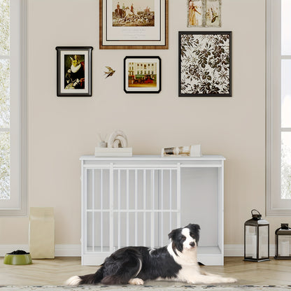 Hundebox Möbel, 110 cm Hundebox, 2 Türen, Moderne Indoor-Hundebox, Geeignet für kleine/mittelgroße/große Hunde bis zu 100 kg, Beistelltisch, Verstärkte Schiebetüren, 65 × 110 × 81 cm, Vintage