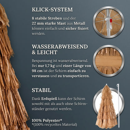Sonnenschirm Hawaii Ø160cm Neigbar Höhenverstellbar UV Schutz 30+ Groß Rund Balkon Strand Strohschirm Strandschirm Bast Hawaiischirm Braun