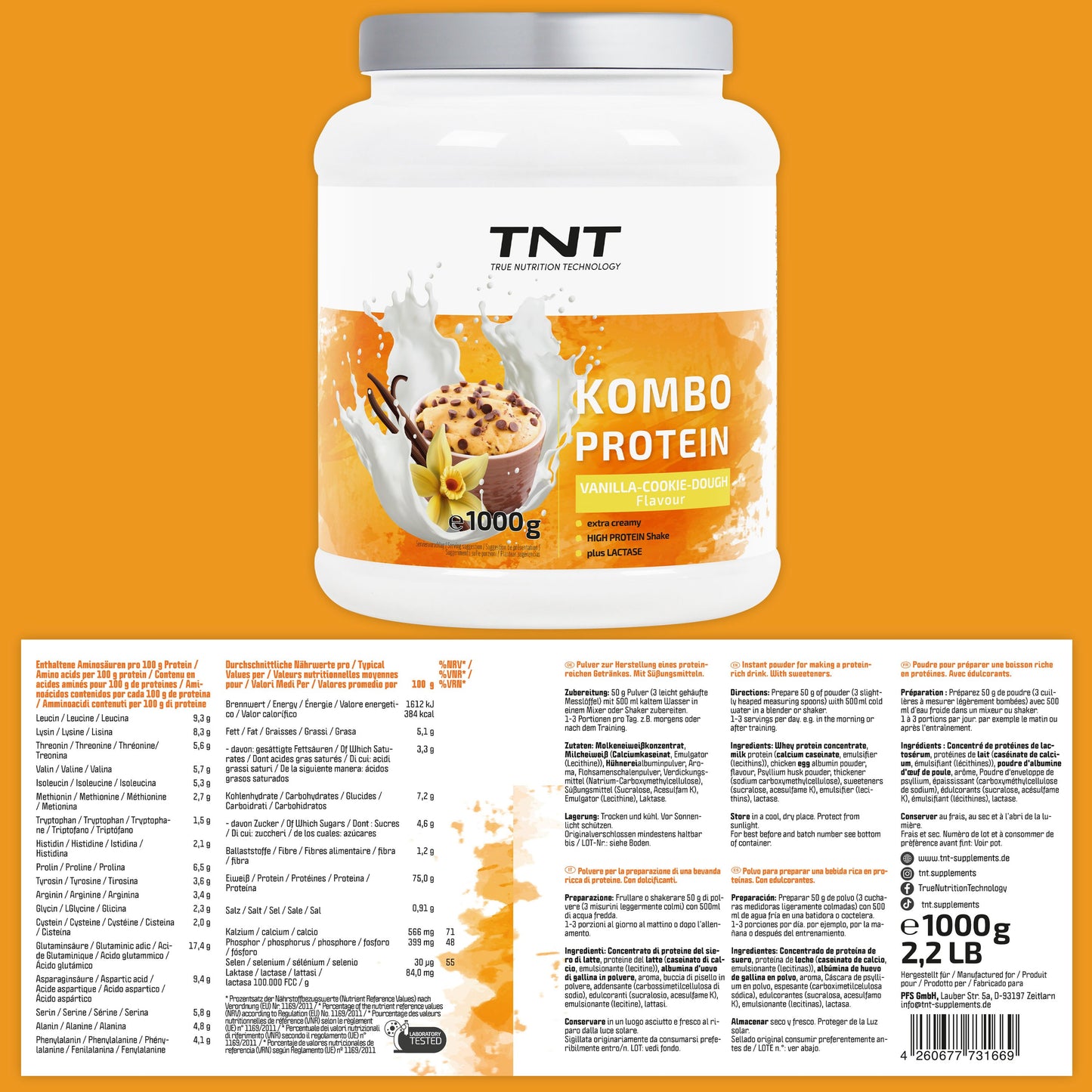 TNT Kombo Protein (1000g) • Protein Pulver mit 3 Eiweiß-Quellen • Extra cremig • Laktase und Flohsamenschalenpulver