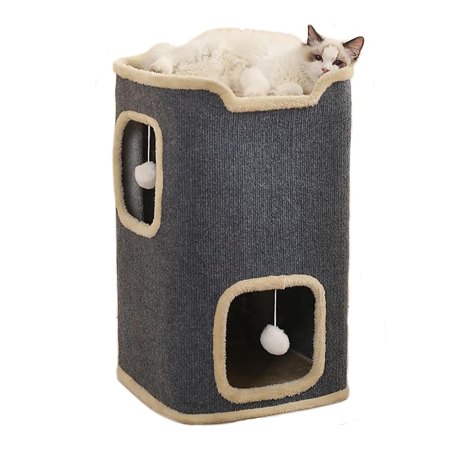 Zweistöckiges Katzenhaus, Katzenhöhle für drinnen, Katzen Tunnel mit Kratzmatte und verstecktem Würfel, bezaubernde moderne Katzenwohnung Möbel geeignet für mehrere Kätzchen, erweiterbares Design