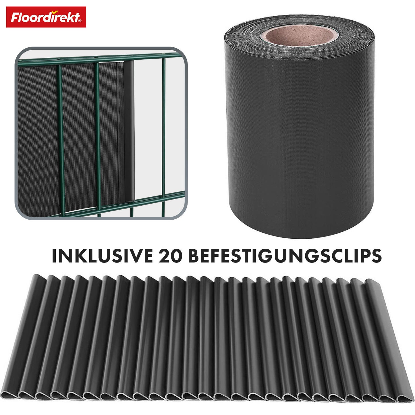 PVC Sichtschutzstreifen für Doppelstabmattenzaun – 35 m Rolle, 19 cm hoch, inkl. 20 Clips, in 3 Farben & 4 Designs erhältlich