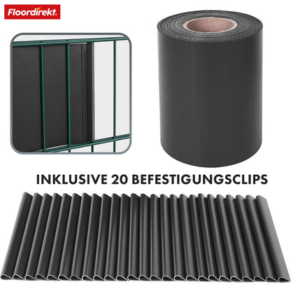 PVC Sichtschutzstreifen für Doppelstabmattenzaun – 35 m Rolle, 19 cm hoch, inkl. 20 Clips, in 3 Farben & 4 Designs erhältlich