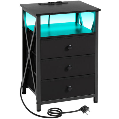 AMHANCIBLE Nachttisch-Set 1/2-tlg., LED-Nachttisch mit Ladestation, Beistelltisch mit USB-Anschluss  Steckdose, Nachttisch mit 3 Stoffschubladen für Schlafzimmer, Wohnzimmer, Sofabezugstisch, Nachttisch
