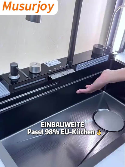 Musurjoy 74.93 x 44.96 cm Schwarze Unterbaueinbau-Spüle mit Wasserfall-Design, Ausziehbarem Wasserhahn, Tassenabtropfer und weiteren Zusatzfunktionen für Küchen und Bars