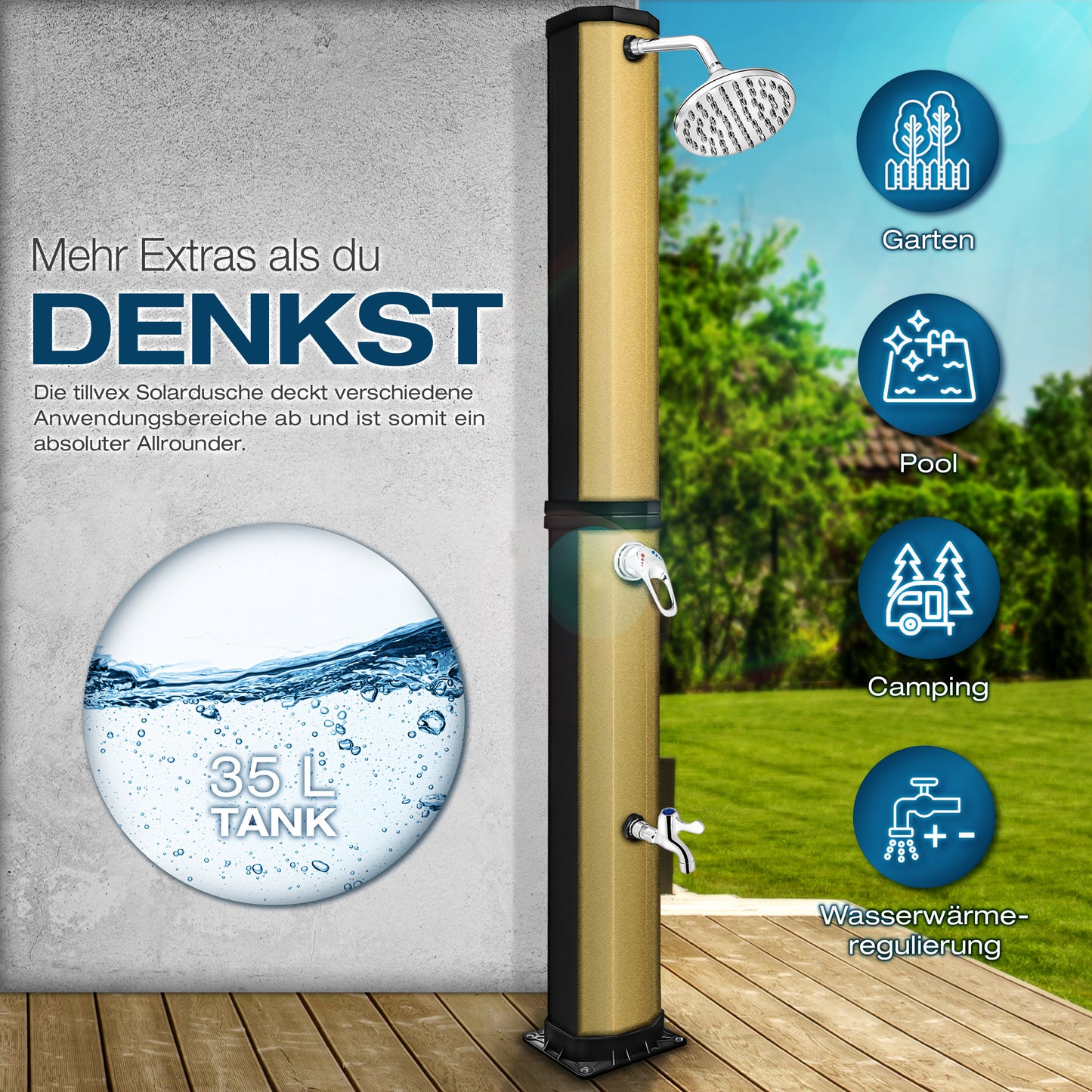 tillvex® Solardusche 20 - 60 Liter inkl. Abdeckung Solar Gartendusche Solar für draußen Pooldusche Komplettset warmes Wasser Camping ohne Stromanschluss mit Wasserhahn Gartenschlauch-Anschluss
