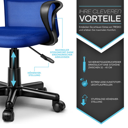 TRESKO® Bürostuhl mit Armlehnen stufenlos höhenverstellbar | Drehstuhl aus atmungsaktivem Mesh | Schreibtischstuhl mit Kunststoff-Leichtlaufrollen, gepolsterte Sitzfläche, ergonomische Passform | Computerstuhl ideal für Home-Office, Jugendzimmer, Büro