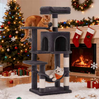 Katzenklettergerüst 112 cm hoch，Kratzbaum，mehrstöckiger Katzenbaum mit Höhle Schlafnest Plüschspielzeug , mehrstöckiges Katzenhaus mit 4 Kratzsäulen, 2 Plattformen, Hängematte,Stabiles Und Langlebiges ,für Wohnungskatzen Und Kätzchen