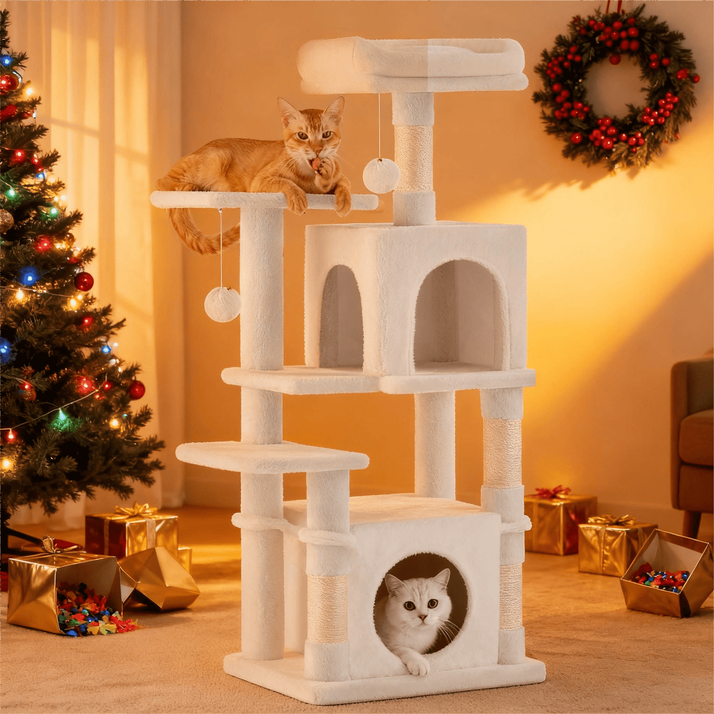 Kratzbaum, mehrstöckiger Katzenbaum mit Höhle, Hängematte und 4 Kratzstämmen