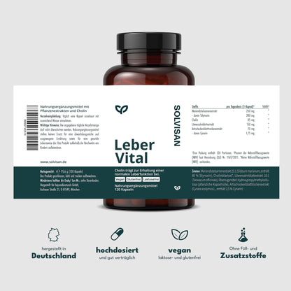 SOLVISAN LEBER VITAL – 4-fach Komplex mit Cholin für eine gesunde Leber. Mit hochwertigem Mariendistel-Extrakt (80 % Silymarin), Artischocken, Löwenzahn und Cholin. 120 Kapseln (4 Monate)