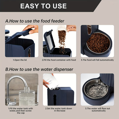 2-in-1 Automatischer Futterautomat für Katzen und Wasserspender für Hunde, mit einer großen Kapazität von 3L/6L, Schwerkraft-Fütterung ohne Strom, mit einer 304 Edelstahl-Schüssel, die herausnehmbar und waschbar ist, geeignet für Haushalte mit mehreren Ha
