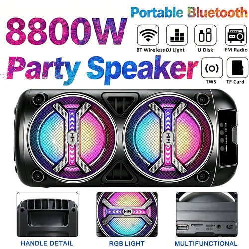 Kabelloser Lautsprecher, tragbarer kabelloser Lautsprecher mit zwei Subwoofern für tiefen Bass, unterstützt BT/TWS/FM/USB/AUX/TF-Karte und Mikrofoneingang. Perfekter, lauter Stereo-Lautsprecher für Familienfeiern, Feiertagsversammlungen und Weihnachtsgesc
