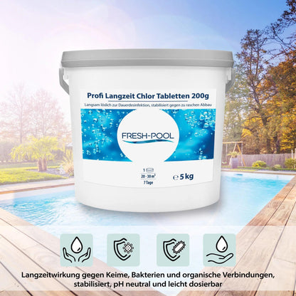 Fresh-Pool Profi Langzeit Chlor Tabletten 200g 5 kg - Chlortabs / Chlortabletten für Pool | Chlor Langzeittabletten Pool | Langzeit Chlortabletten 200g