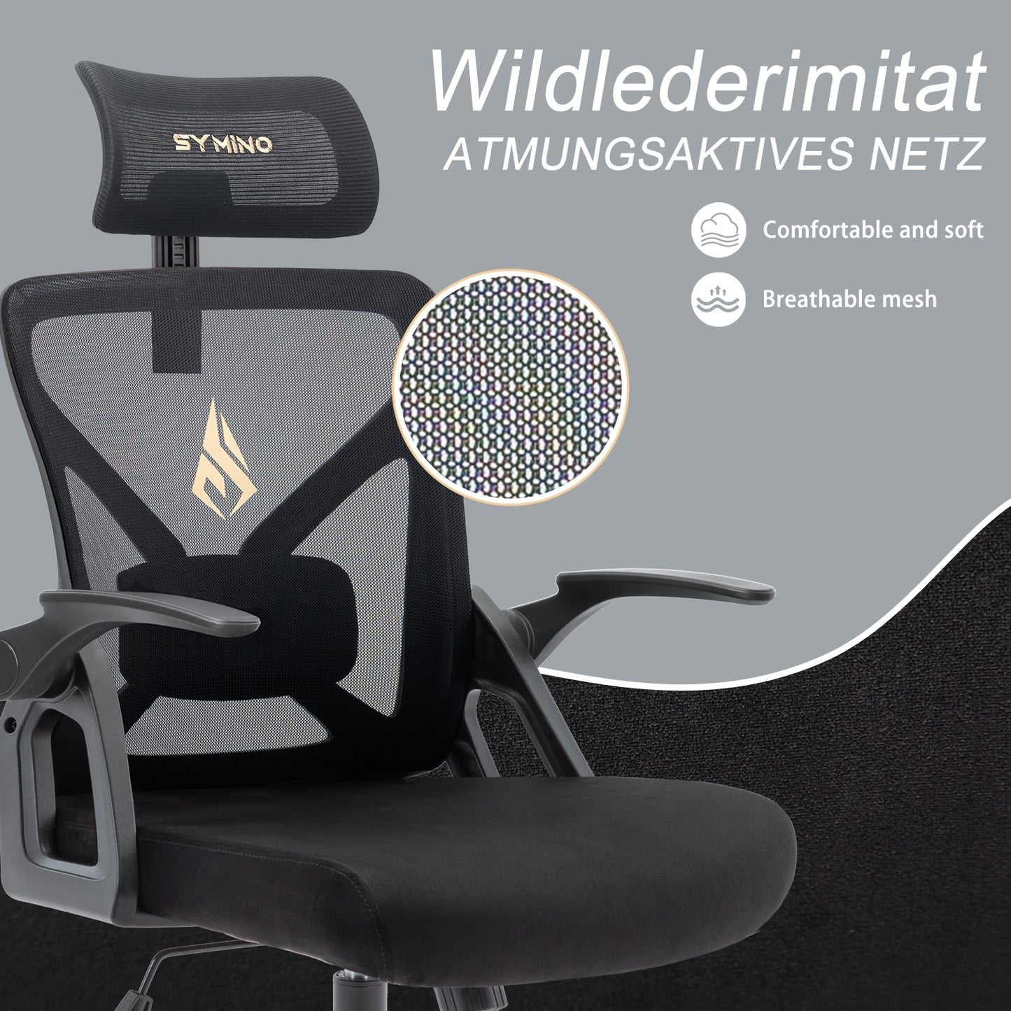 Symino Ergonomischer Bürostuhl mit verstellbarer Kopfstütze, Armlehnen, Lordosenstütze  drehbarer Schaukel-Funktion – atmungsaktives Mesh-Design, bis zu 150 kg belastbar