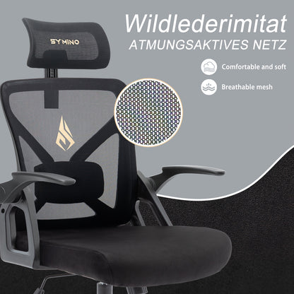 Symino Ergonomischer Bürostuhl mit verstellbarer Kopfstütze, Armlehnen, Lordosenstütze  drehbarer Schaukel-Funktion – atmungsaktives Mesh-Design, bis zu 150 kg belastbar