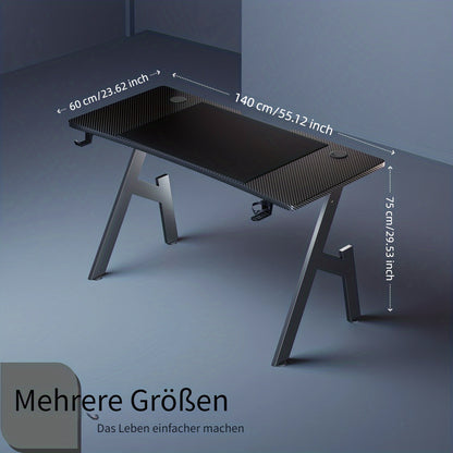 A-förmiger Gaming-Schreibtisch aus Carbonfaser für Home Office  Gaming, ergonomische Kurve, robustes Stahlgestell, Kabeldurchführungen, Getränkehalter, Kopfhörerhalter, Schwarz, 1 Stück