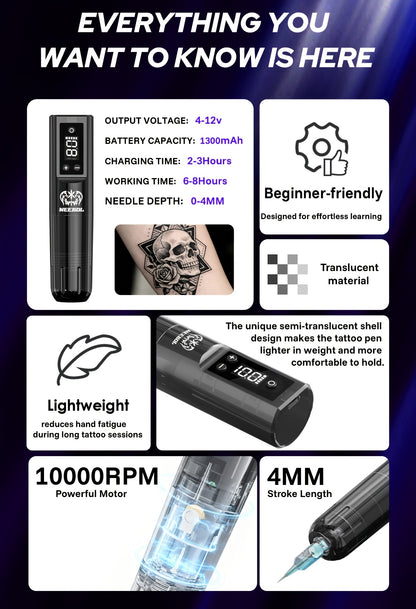 Neebol Komplett-Tätowiermaschinen-Set kabellos mit Rotary Gun – Kabelloser Tattoo-Stift geeignet für Anfänger & professionelle Künstler, lange Akkulaufzeit, 20 Nadeln, Farbtintenpatronen, Tattoo-Schablonen für Body-Art-Zubehör