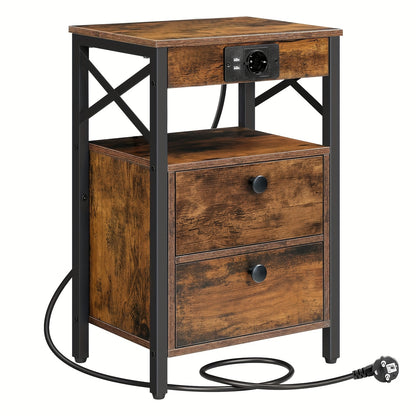 Nachttisch mit Ladestation, Beistelltisch mit 2 Klappschubladen, Nachttisch mit USB-Anschlüssen  Steckdose, für Wohnzimmer, Schlafzimmer, Vintage -Schwarz